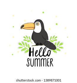 Hello summer. Cartoon vector illustration of a little cute toucan bird perching on a tree branch