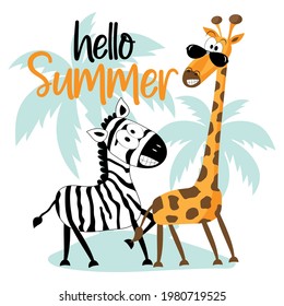 Hello Summer- cartoon zebra and giraffe on island. Good for textile print, baby clothes, poster, card, label, travel set and other gifts design.