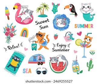 Hello Summer Cat collection. Vector illustration of colorful funny cute doodle summer symbols, such as flamingo, ice cream, palm tree, cactus. isolated on white background