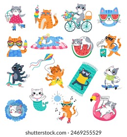 Hello Summer Cat collection. Vector illustration of colorful funny doodle summer cats, isolated on white background.