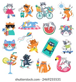 Hello Summer Cat collection. Vector illustration of colorful funny cute doodle summer cats, isolated on white background.