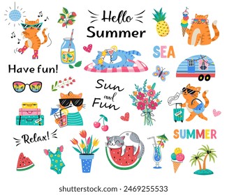 Hello Summer Cat collection. Vector illustration of colorful funny cute doodle summer symbols, such as flamingo, ice cream, palm tree, flowers. isolated on white background