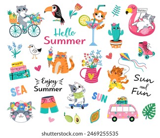 Hello Summer Cat collection. Vector illustration of colorful funny cute doodle summer symbols, such as flamingo, ice cream, palm tree, flowers, cactus. isolated on white background