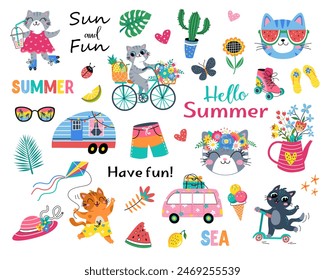 Hello Summer Cat collection. Vector illustration of colorful funny cute doodle summer symbols, such as flamingo, ice cream, palm tree. isolated on white background