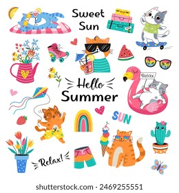 Hello Summer Cat collection. Vector illustration of colorful funny doodle summer symbols, such as flamingo, ice cream, palm tree. isolated on white background