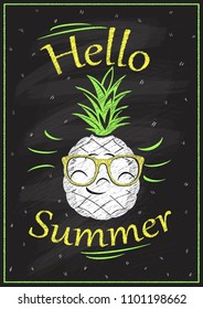 Hello summer chalkboard design, smiling pineapple, summer quote card