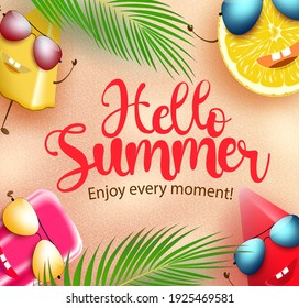 Hello summer character vector banner background. Hello summer text with cute tropical season fruits and popsicle characters in beach sand background for fun holiday vacation. Vector illustration
