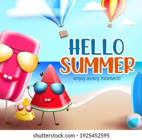 Hello summer characters vector banner background. Hello summer text with funny and friendly popsicle and fruits character for enjoy tropical season holiday vacation. Vector illustration