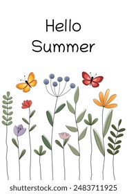 Hello Summer. Cheerful card with colorful flowers and butterflies.