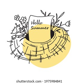 Hello summer. Cheerful doodle straw hat with flowers. Vector hand-drawn linear illustration.