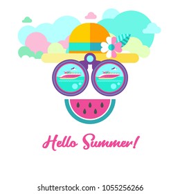 Hello Summer. Cheerful summer illustration. Abstract face in a straw hat, watermelon with binoculars. Funny vector illustration.