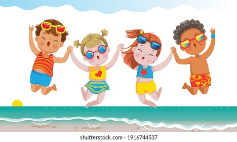 Hello summer. Child jumping. Children jump on the beach in summer. Happy kids group.