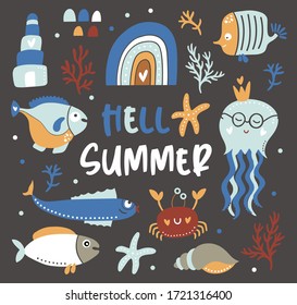Hello Summer childish poster with oceanic life. Vector illustration. Hand Drawn card for birthday, baby shower, party invitations, scrapbook, wall art. Yellow, blue colors. 