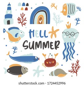 Hello Summer childish poster with oceanic life. Vector illustration. Hand Drawn card for birthday, baby shower, party invitations, scrapbook, wall art. Yellow, blue colors. 
