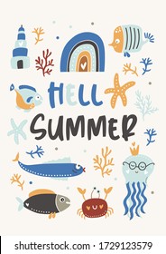 Hello Summer childish poster with oceanic life. Vector illustration. Hand Drawn card for birthday, baby shower, party invitations, scrapbook, wall art. Yellow, blue colors. 