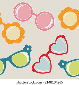 Hello, summer, children's sunglasses. Pink, yellow, green and orange  frames for glasses. Seamless Pattern