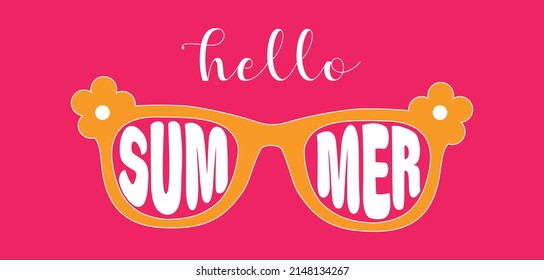 Hello, Summer, Children's Sunglasses. Pink, Yellow, Green And Orange  Frames For Glasses. Seamless Pattern