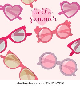 Hello, Summer, Children's Sunglasses. Pink, Yellow, Green And Orange  Frames For Glasses. Seamless Pattern