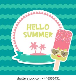 Hello Summer chocolate ice cream, ice lolly, Kawaii  with sunglasses pink cheeks and winking eyes, pastel colors card design, banner template palm island on blue waves sea ocean background. Vector