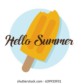 Hello summer circle icon and orange ice cream bar. Vector illustration.