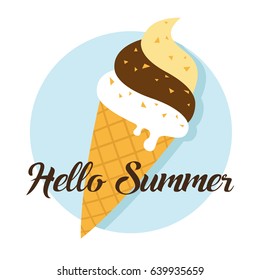Hello summer circle icon and vintage ice cream. Vector illustration.