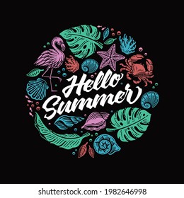 hello summer with a circle shaped doodle style beach element illustration in black background