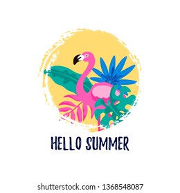 Hello Summer circle tropical print. Vector illustration with hand drawn elements