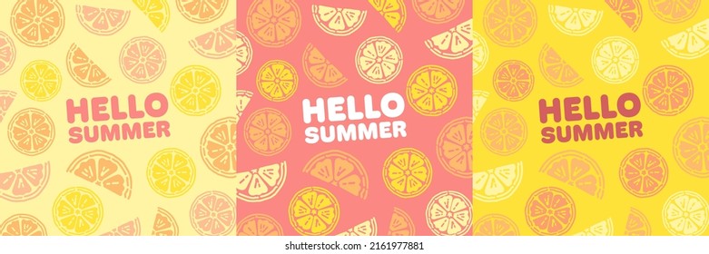 Hello Summer Citrus Backgrounds Collection, Square Template. Lemon, Orange, Grapefruit and Lime Juicy Backgrounds, suitable for Cafes, Menus, Restaurants, Prints and Designs.