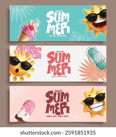 Hello summer clipart banner set. Summer greeting clip art with sun character wearing sunglasses in colorful tropical background collection vector illustration. 