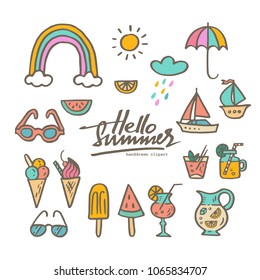 Hello summer clip-art collection. Vector handdrawn elements set. Design for t-shirts, prints, postcards, flayers, banners, posters.