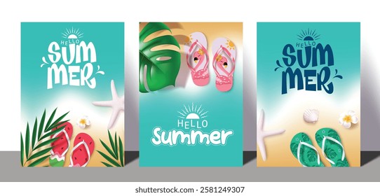 Hello summer clipart poster set. Summer text clip art in tropical beach background with printed flipflop, monstera and palm leaves elements collection vector illustration.