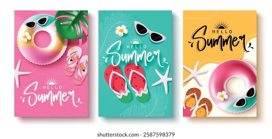 Hello summer clipart poster set. Summer greeting text clipart collection in colorful background with cute inflatable floaters, sunglasses and flipflop beach elements for tropical holiday vacation tags