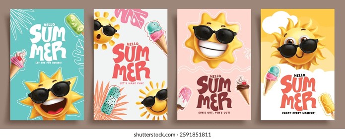 Hello summer clipart poster set. Summer greeting card clip art with sun wearing sunglasses and tropical elements in colorful background vector illustration.  