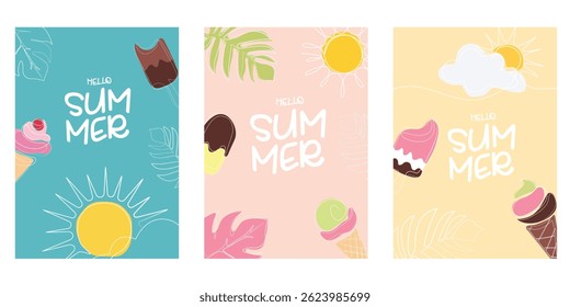 Hola conjunto de póster de Clipart de verano. Arte del Clip de la tarjeta de felicitación del verano con el sol y los Elementos tropicales en Ilustración vectorial colorida del fondo
