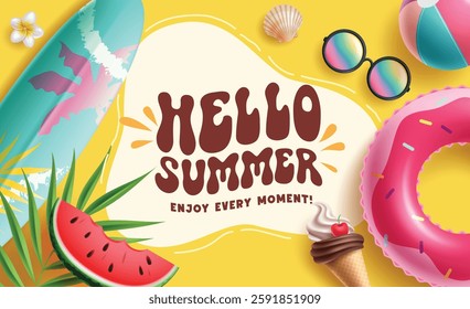 Hello summer clipart template. Summer greeting text in yellow abstract clip art background with beach elements vector illustration. 