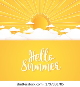 Hello Summer, Cloudscape, bright cloud sky and sun with lettering, paper art style