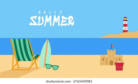 Hello Summer Coastal Beach Scene with Lighthouse Surfboard Lounge Chair Sandcastle and Ocean View Vacation Illustration