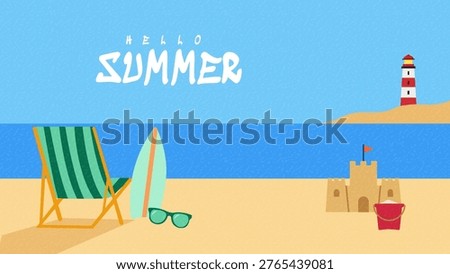 Hello Summer Coastal Beach Scene with Lighthouse Surfboard Lounge Chair Sandcastle and Ocean View Vacation Illustration