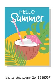 Hello Summer Cocktail Vector Illustration.