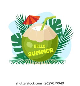Hello summer. A coconut cocktail composition with a drinking straw and an umbrella, decorated with tropical leaves on a white background. Vector illustration for summer design.