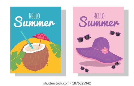 hola verano cóctel de coco sombrero y diseño de gafas, vacaciones y tema tropical Ilustración vectorial