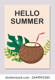 Hello Summer, Coconut Cocktail Vector Illustration.
