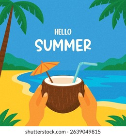 Hello Summer. Summer Coconut Drink on Beach with Tropical Palm Leaves, Ocean View and Sand. Flat Summer Vector Illustration for Vacation Poster, Travel Banner, Holiday Card, Summer Background Design