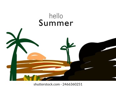 hello Summer. coconut trees on the beach, background banner design. Posters, greeting cards, for websites, social media