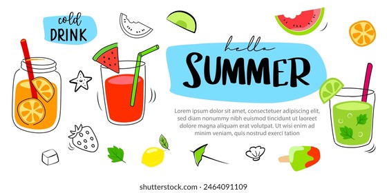 Hello summer with cold drink in doodles style background.  Summer banners design hand drawn style. 