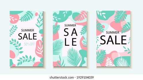 Hello summer. Collection of abstract background designs, summer sale template for your design. Creative contemporary aesthetic style. Vector illustration