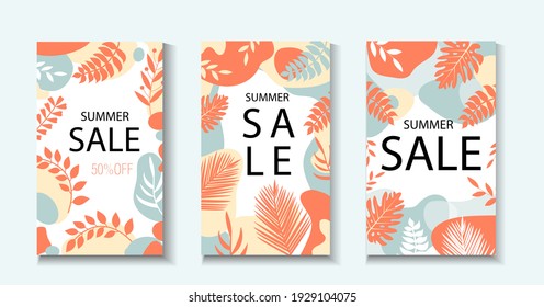 Hello summer. Collection of abstract background designs, summer sale template for your design. Creative contemporary aesthetic style. Vector illustration