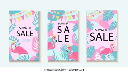 Hello summer. Collection of abstract background designs, summer sale template for your design with flamingos. Creative contemporary aesthetic style. Vector illustration