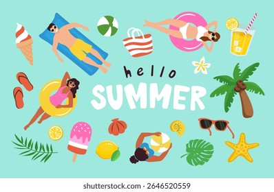 Hello summer collection. Beach and pool elements.