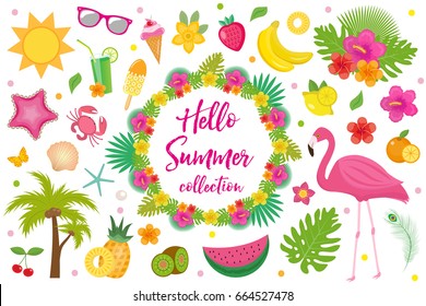 Hello summer collection of design elements,flat style. Tropical set with exotic flowers, flamingos, fruits. Beach concept kit objects, isolated on white background. Vector illustration, clip-art